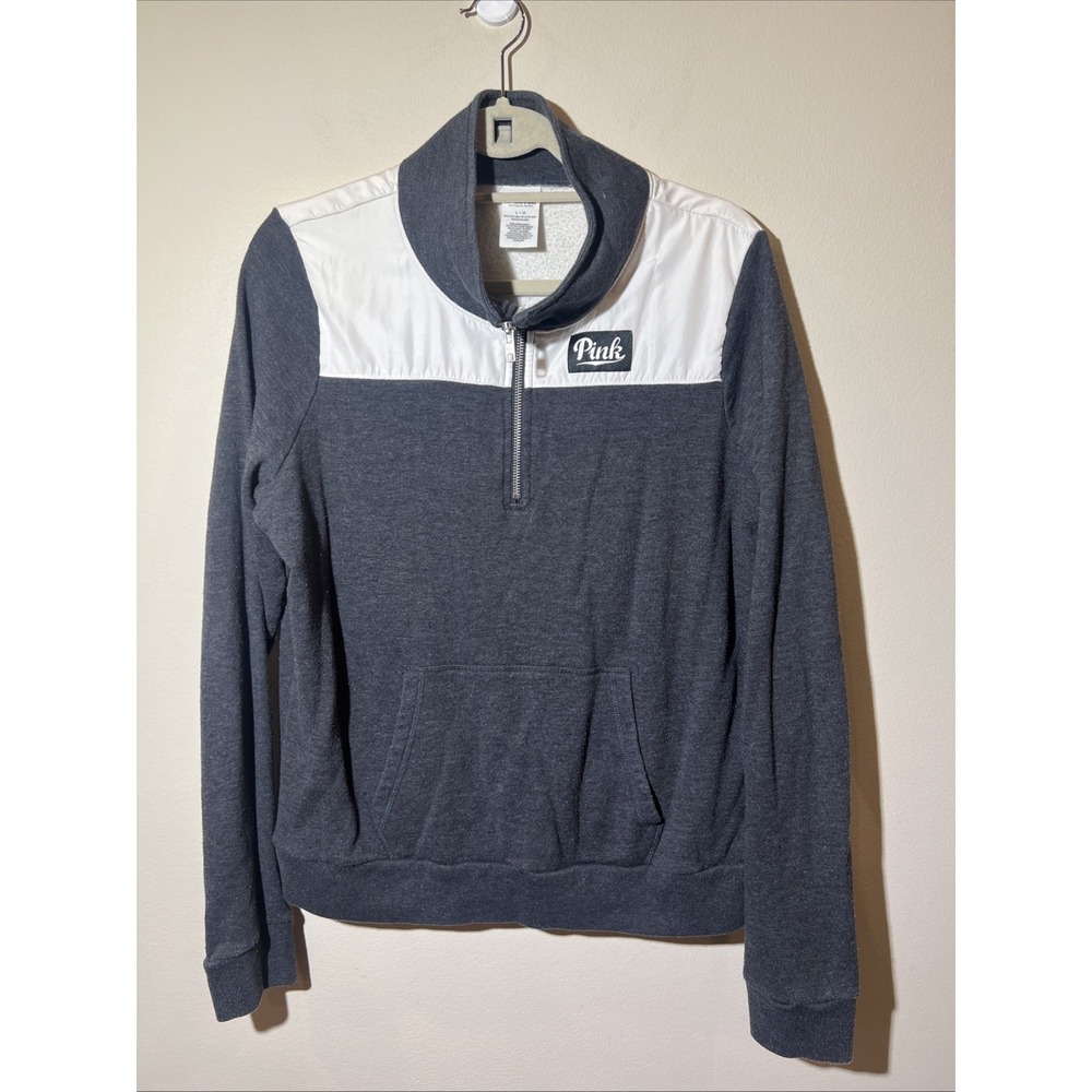Victoria's Secret Pink Sweatshirt Women L 1/4 Zip Pullover Gray Logo‎ Accent EUC